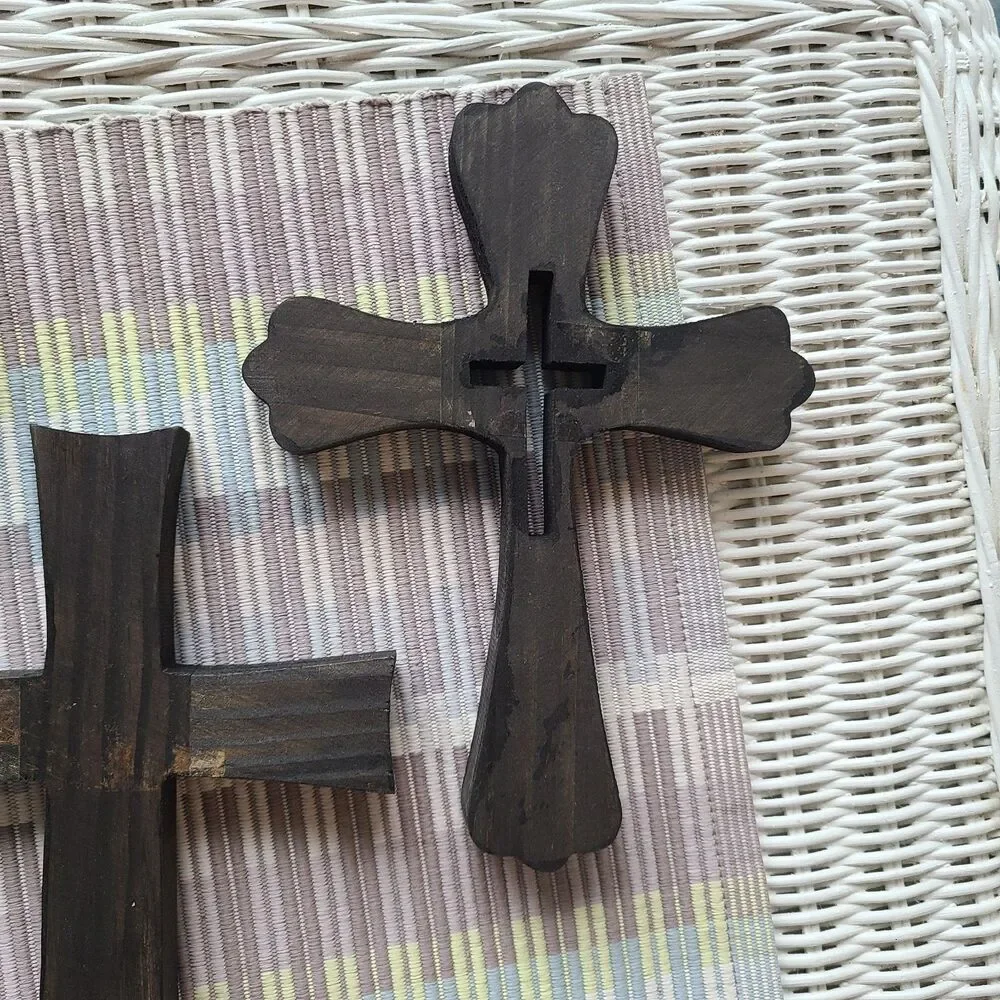Vintage Rustic Dark Wood Wall Crosses – Set of 4 Handmade Decorative Crosses